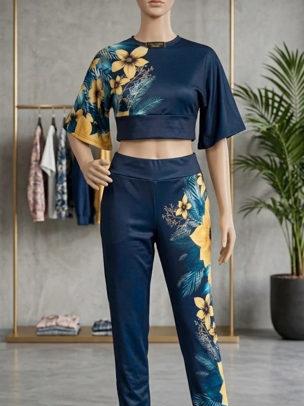 Women's Navy Floral Crop Tee & Joggers Set - Yellow Accent
